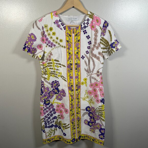 Trina Turk Arboretum Full Zip Mini Dress Size 6 Floral Retro Mod Palm Beach - Picture 2 of 10